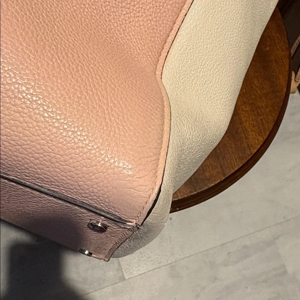 Kate Spade tote bag peachy beige cream taupe color block cinching sides EUC